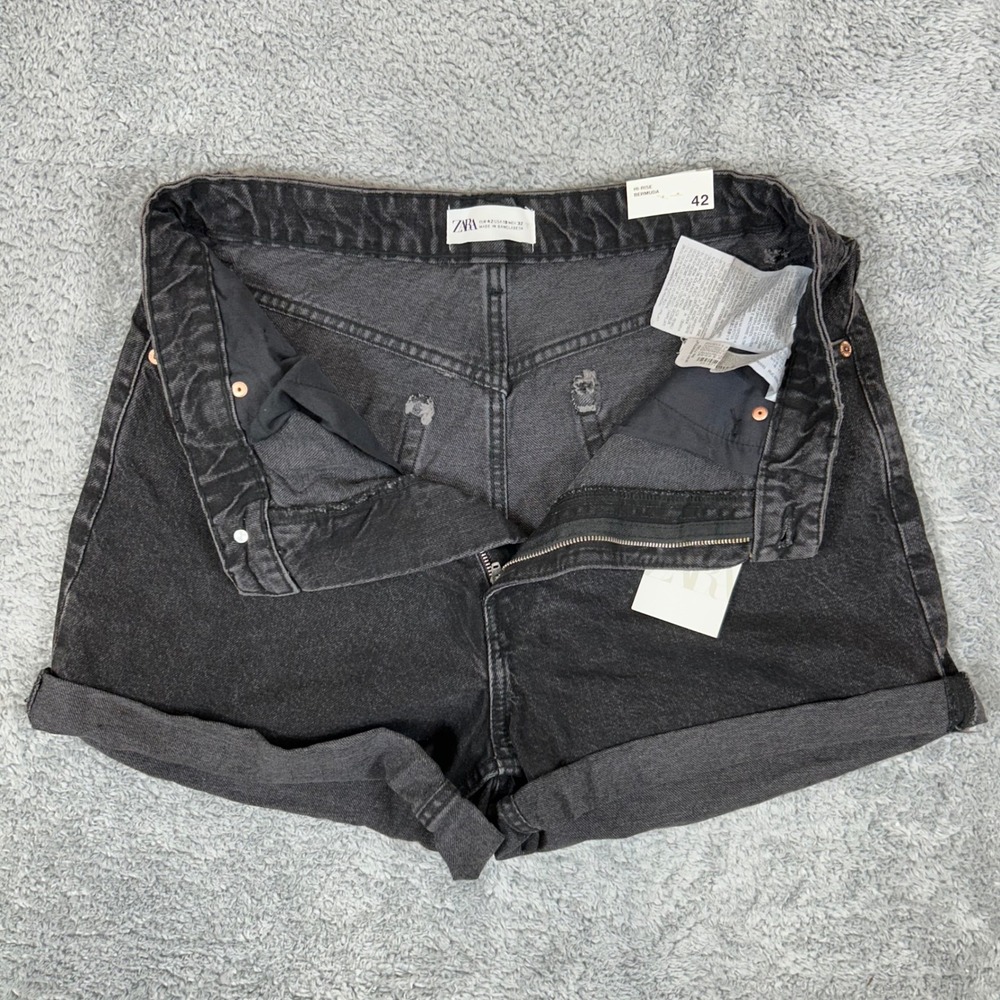 Zara High Rise Bermuda Mom Fit Denim Shorts Washed Black 8197/108/800 Size 10